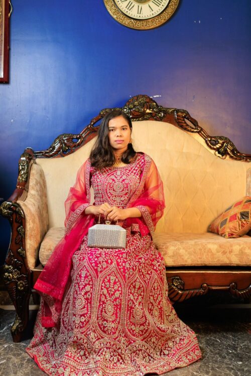 Hot pink embroidered ethnic gown with dupatta